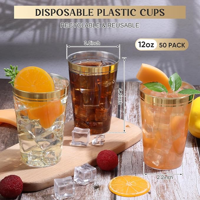 Sliner 50 Pcs Hard Plastic Cups Double Rimmed Plastic Cups Heavy Duty Fancy Wine Glasses for Holiday Christmas New Year Winter Birthday Party Supplies(12 Oz,Gold)