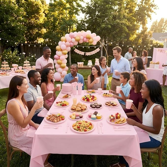Tinybee 352 Pcs Pink Plastic Plates Party Set, 50 Guests Disposable Dinnerware Set with tablecloths Pink Disposable Plates Set for Wedding/Mother's Day/Birthday/Baby Shower