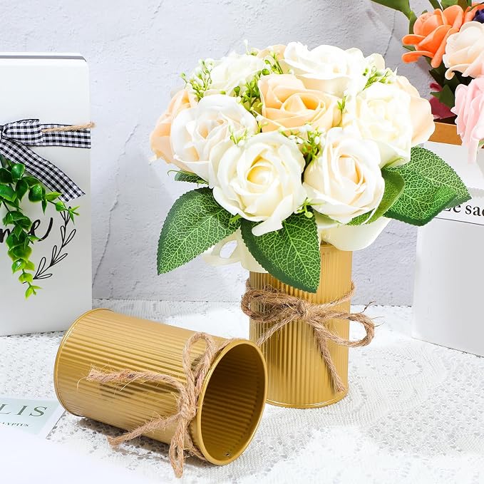 Rustic Vase for Table Centerpieces 4.33 Inch Small Petite Flower Vase with Twine Bow Vintage Farmhouse Decor for Wedding Reception Dining, Home Galvanized Metal Buckets(Gold,12 Pcs)