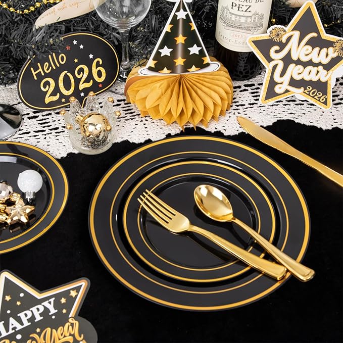WDF 200PCS Black and Gold Plastic Plates - Black Plates Disposable for Party - Heavy Duty Plastic Plate for Wedding/Party/Birthday/Graduation