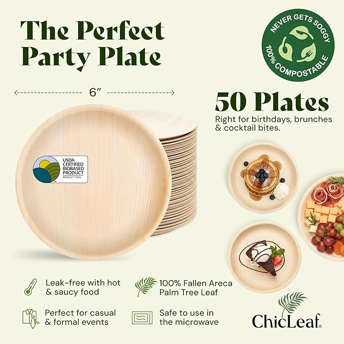 Chic Leaf 6-Inch Palm Leaf Plates, 50-Pack -Fully Compostable Disposable Appetizer and Dessert Plates, Heavy Duty Bamboo-Style Dinnerware for Weddings Parties Charcuterie and Tastings, Microwave Safe