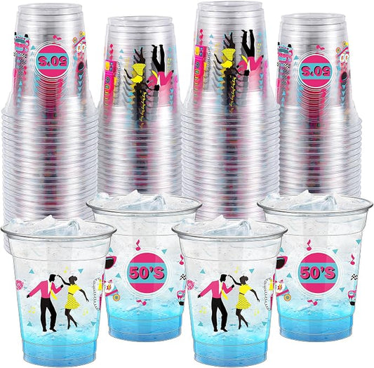 FoldTier 50 Pcs 50s Cups 12 oz Plastic 50s Back to 50s Cups Clear 50s Disposable Cups 50s Theme Drinking Cups for Home Party Back to the 50s Theme Back to 50s Favors Supplies Decoration (50s)