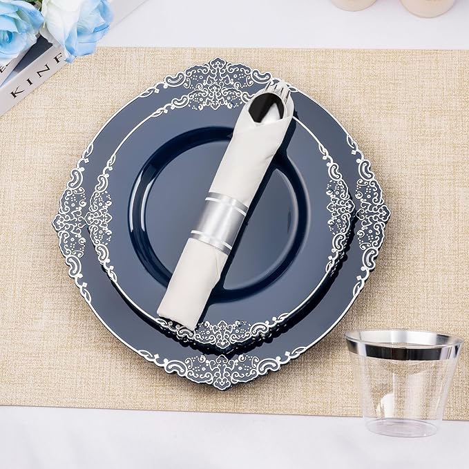 Bestluck 175PCS Navy Blue Plates for 25 Guests, Disposable Dinnerware Sets Include 50 Plastic Plates, 25 Silverwares, 25 Cups, and 25 Pre Rolled Napkins for Party, Wedding and Graduation