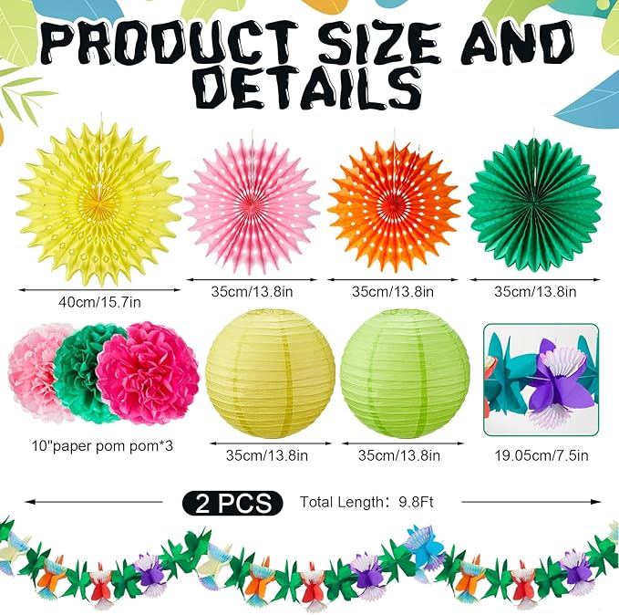 Frienda 19 Pcs Hawaiian Tropical Luau Party Decorations Tropical Parrot Bird Honeycomb Hanging Garland Multicolour Paper Hibiscus Flower Summer Banner Lantern Fans for Tiki Bar Beach Jungle Party