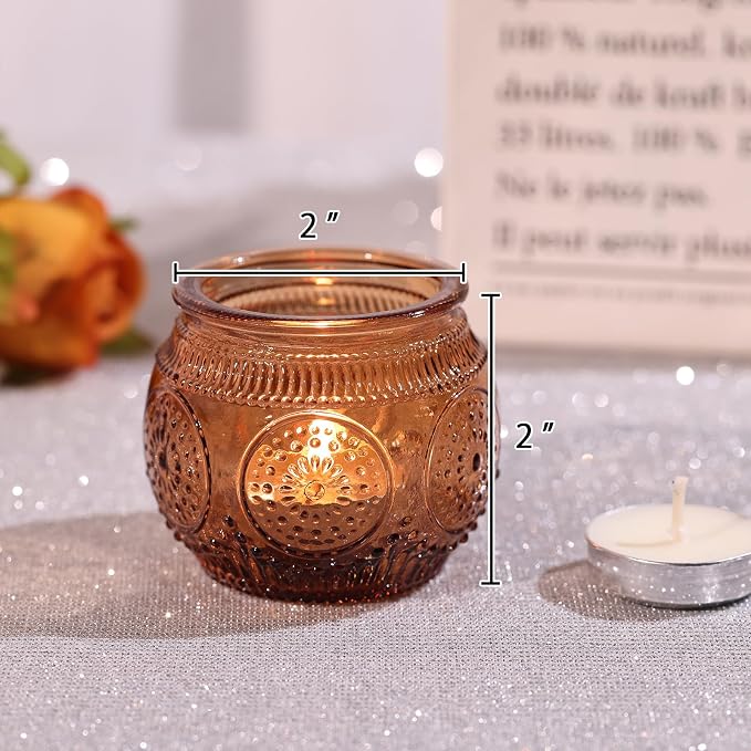 24 Pcs Amber Candle Holders- Floral Style Vintage Candle Holder for Rustic/Boho Wedding Table centerpieces, Bridal Shower, Baby Shower Decoration