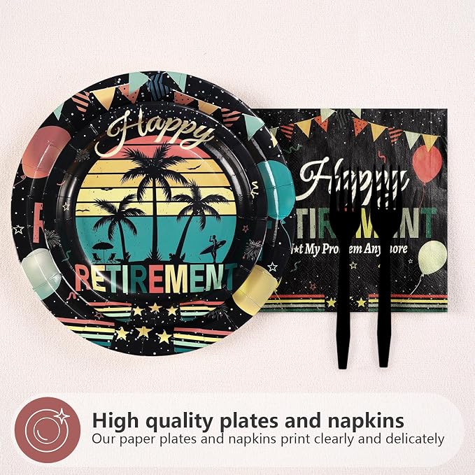 96Pcs Vintage Retirement Party Decorations Colorful Vintage Happy Retirement Plates and Napkins Tableware Sets Retired Themed Decorations for Men Women Retired Farewell Party Supplies Serves 24