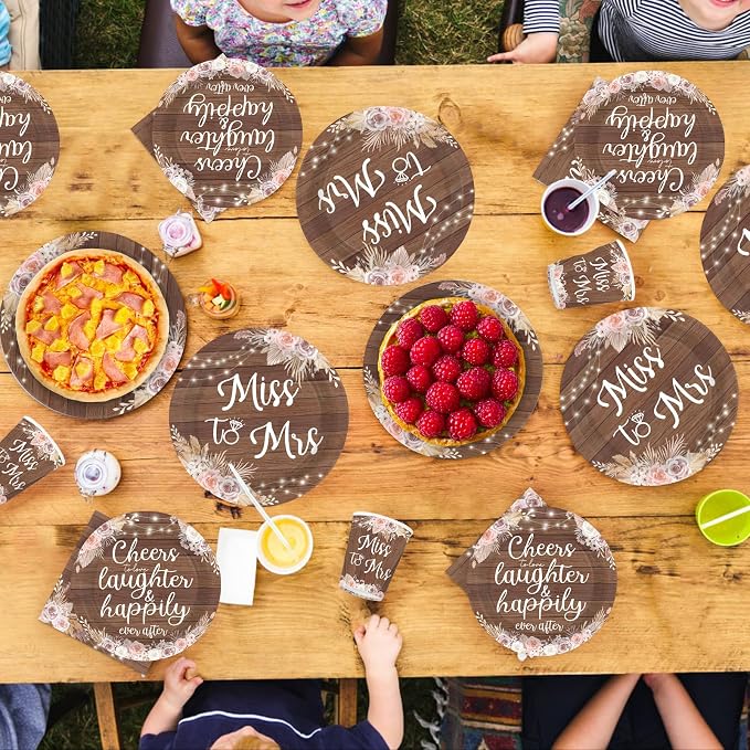 250Pcs Rustic Bridal Shower Decorations love laughter and happily ever after Plates and Napkins Miss to Mrs Decorations Favor for Boho Floral Vintage Wedding Engagement Dinner Party Supplies Serves 50
