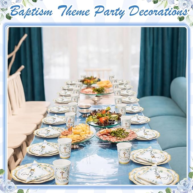 Ziliny 250 Pcs God Bless Baptism Party Tableware Set for 50 Guest First Holy Communion Decorations Blue Eucalyptus Leaves Paper Plates Napkins and Cups for Christening Baby Shower Religious