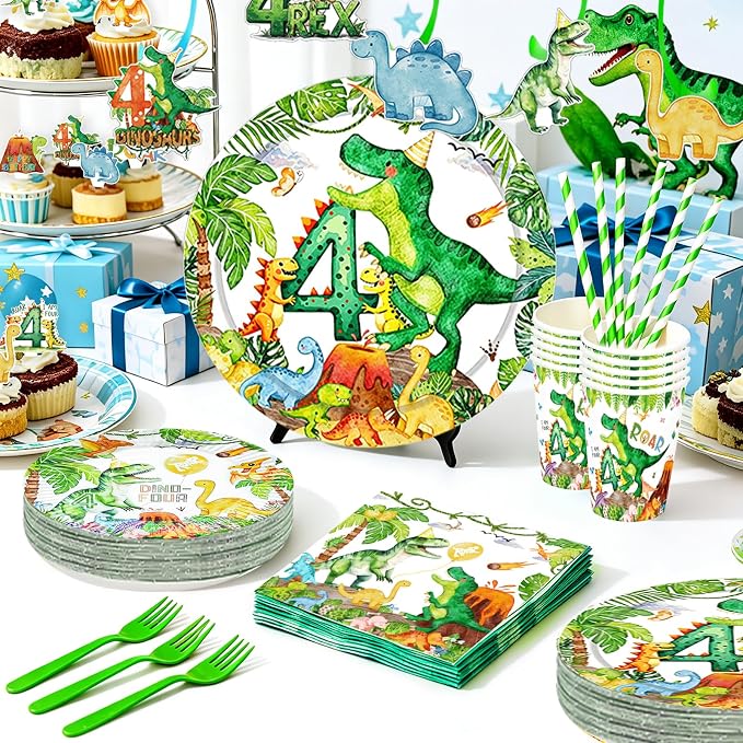 Watercolor Dinosaur 4th Birthday Party Supplies Roar Im 4 Dinosaur Party Plates Cups Napkins Hanging Swirls Banner Tablecloth Straws forks for Boys Dinosaur T-Rex Roar 4th Party Birthday Decorations