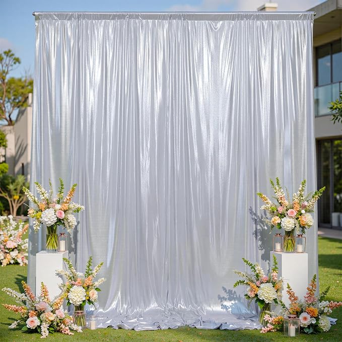 gogoparti Silver Backdrop Curtain 20x12FT 4 Panels Metallic Shine Fabric, No Shedding Wrinkle Free Glitter Drapes for Birthday Party, Event Background, Photography Decor