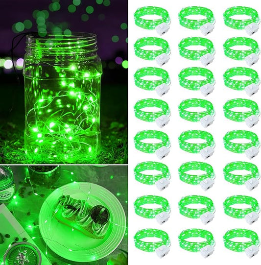 24 Pack White Fairy Lights Battery Operated, 7ft 20 LED Mini String Twinkle Lights for St. Patrick's Day Christmas Halloween Mason Jars Centerpiece Table Decorations (24, Green)