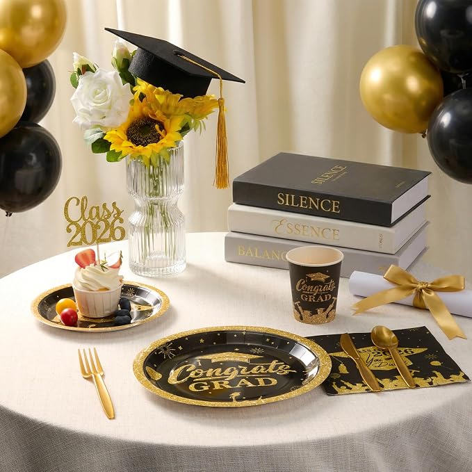Goodluck Black & Gold 2026 Congrats Grad Disposable Tableware Sets, 175 PCS Graduation Party Supplies Include 9" & 7" Disposable Graduation Paper Plates, 9oz Cups, Napkins & Cutlery for 25 Guests