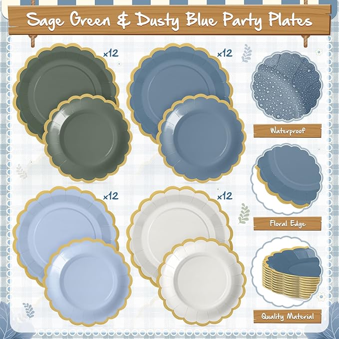 Mimorou 338 Pcs Blue and Sage Green Plates and Napkins Party Supplies for Guests Dusty Blue Tableware Include Scalloped Plates Paper Napkin Cup Spoon Fork Knife for Baby Shower, Wedding, Birthday