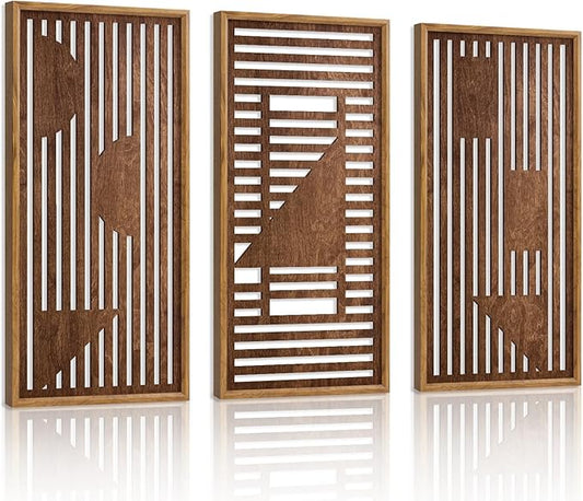 HPNIUB 3PCS Wooden Geometric Wall Decor, Modern Stripes Wood Design Wall Sculpture for Living Room, Vintage Minimalist Mid Century Rectangle Wood Sign Geometry Artwork for Home Bedroom(8x16Inch)