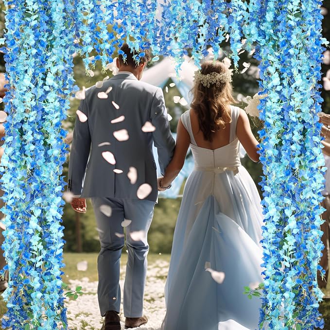 Thiccywoov 12pcs Wisteria Artificial Flowers Garland, 7.2Ft/Piece Wisteria Hanging Flowers Garland for Wedding Arch Decoration Outdoor Ceremony Home Backdrop Garden (Light Blue,Dark Blue)
