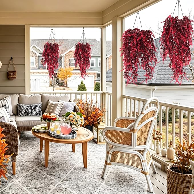 RECUTMS 3Pcs Artificial Fall Hanging Money Plants 31.5" for Indoor Outdoor | UV Resistant,Wine Red Hanging Artificial Plants,Fall Fake Vine for Autumn Home Garden Patio Front Porch Wedding Party Decor