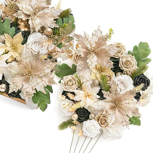 Ling's moment Christmas Flowers Artificial, White Poinsettias Artificial Christmas Flowers and Greenery Deluxe Combo for DIY Wedding Bridal Bouquet, Centerpieces, Home, Floral Arrangement Decor, etc.