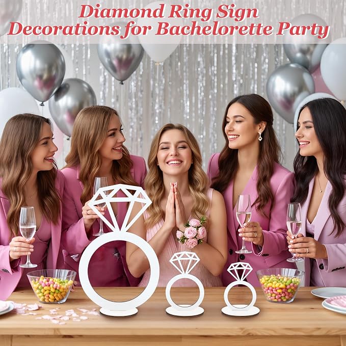 3 PCS Bridal Shower Centerpieces for Tables Diamond Ring Sign Table Centerpieces White Wooden Diamond Ring Sign Decorations for Wedding Anniversary Supplies Batcholette Party Engagement Party