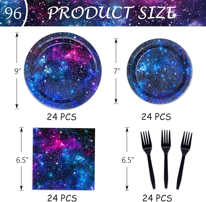 Space Galaxy Party Supplies Tableware Set Outer Space Birthday Party Decorations Starry Night Planet Solar System Paper Plates Napkins Forks for 24 Guests