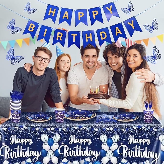 Blue Happy Birthday Party Supplies Tableware Set Birthday Decoration with Banner and Tablecloths Plates Cups Napkins Party Dinnerware for 24 Guests Men Boys