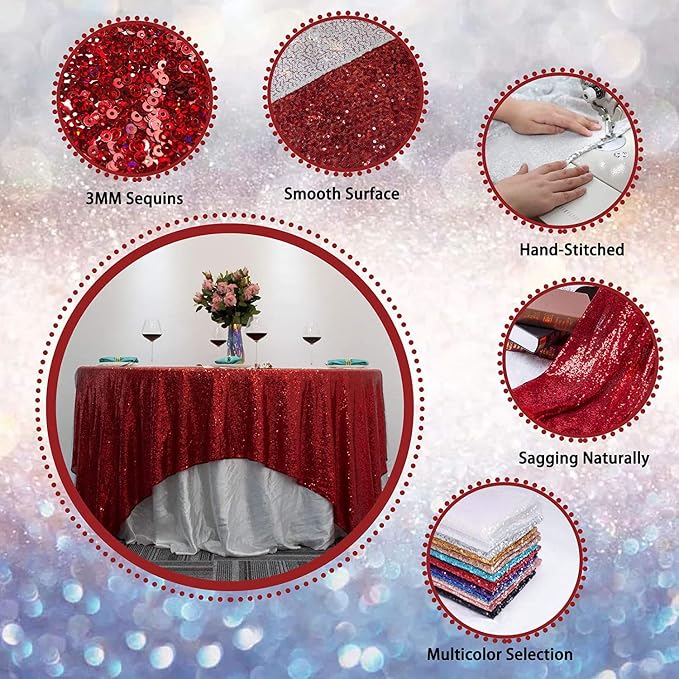 Red Sequin Tablecloth for Parties 132 Inch - Sparkle Glitter Cloth Round Table Cover Overlay for Wedding Baby Shower Ceremony Birthday Cake Table Holiday Banquet Decoration