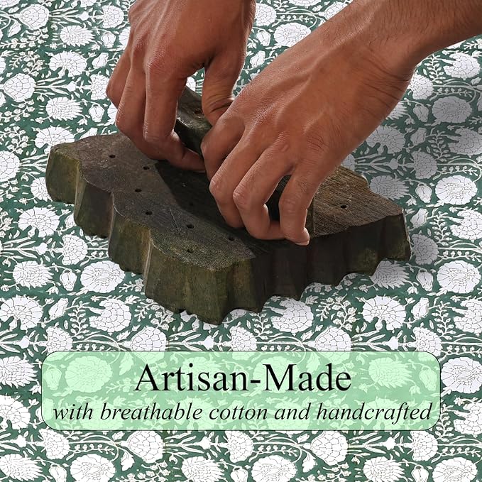 Ridhi Turquoise Moss Green Hand Block Print Cotton Rectangle Tablecloth 120" x 60" inches Reusable Table Cover Decorative Everyday Use for Dining Room, Farmhouse, Home Gift for Spring, Mother's Day
