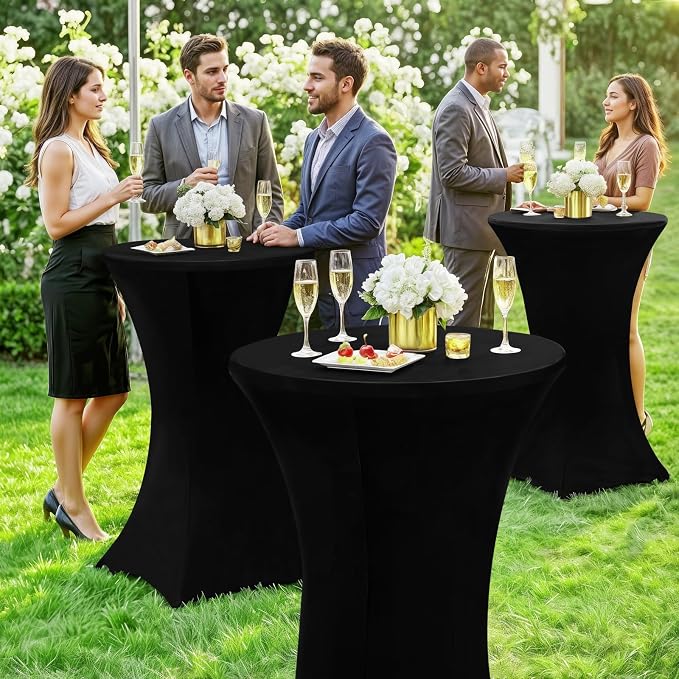 Moosfor Spandex Cocktail Table Covers 6 Pack, Elastic Fitted Stretch Table Cloth, Round High Top Tablecloths for Bar, Party, Pub, Wedding & Banquet (Black, 32x43 Inch)
