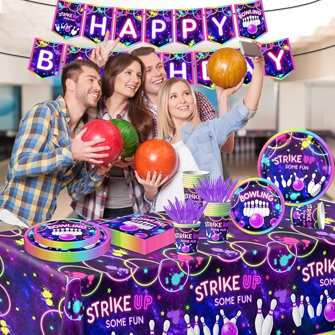 Bowling Birthday Tableware 142Pcs Let's Strike Up Some Fun Bowling Party Decorations Rainbow Neon Glow Girls Birthday Party Favors Disposable Plates,Tablecloth,Napkins,Cups,Forks and Knives