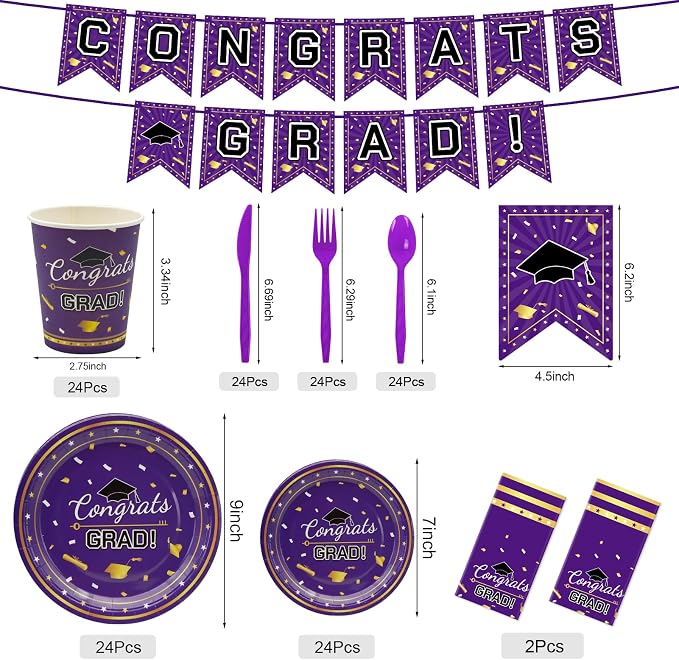 Graduation Decorations 2026,147 PCS Purple and Gold Graduation Decorations,Graduation Party Decorations,Disposable Grad Graduation Tableware Banner Graduation Plates Cups Tablecloth for 24 Guests