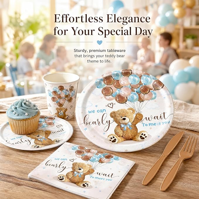 120PCS We Can Bearly Wait Party Supplies for Boys Girls Baby Shower Bear Themed Teddy Pregnancy Announcement Decorations Tableware Set Dessert Plates Napkins Cups Set for 20 Guests