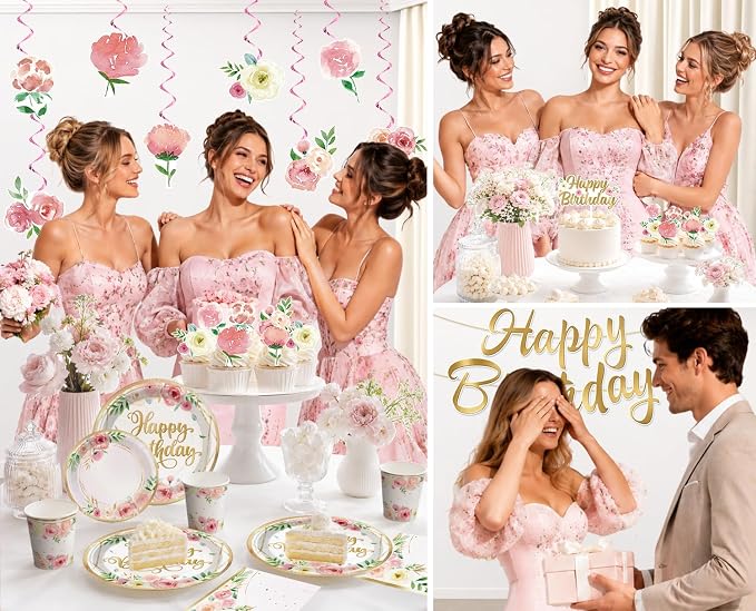 175Pcs Floral Birthday Decorations Set - Serves 20 Guests - All-in-One Flower Theme Birthday Party Decorations Kit with Balloons, Banner, Cake Topper, 350gsm Plates, Tablecloths, Backdrop