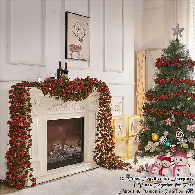 PONKING 8 Pcs x 8.2 ft Flower Garland Artificial Rose Vine Flowers with Green Leaves Hanging Fake Roses Vine for Room Party Home Wedding Birthday Christmas Wall Arch Decor, Spring Red Flower