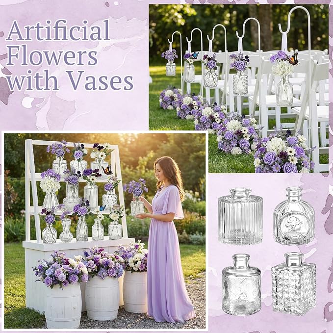 36 Pcs Artificial Flowers Table Centerpiece with Vases Colorful Wildflower Centerpieces Silk Flower Arrangement for Wedding Baby Shower Table Centerpieces Party(Purple Series,Clear)