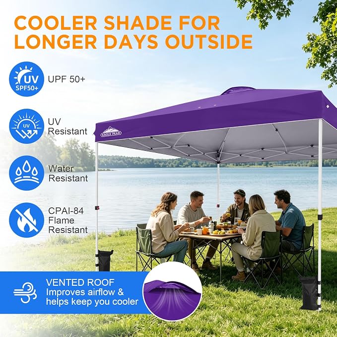 EAGLE PEAK Pop Up Canopy Tent with Wheeled Carry Bag, 8 Stakes, 4 Ropes, 4 Weight Bags, Easy Set Up Tent Canopy, 12x12 ft, 144sqft of Shade, Purple