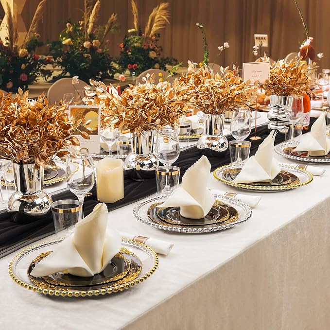 Hioasis 175pcs Black and Gold Plates - Black Party Plates for 25 Guest, Include 50 Heavy-duty Plates(20% Thicker Than Standard), 75 Cutlery Set, 25 Napkin, 25 Cups