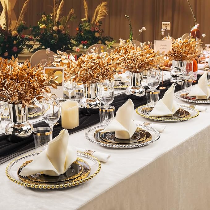Hioasis 350pcs Black and Gold Plates - Black Party Plates for 50 Guest, Include 100 Heavy-duty Plates(20% Thicker Than Standard), 50 Pre Rolled Gold Plastic Silverware Set, 50 Cups