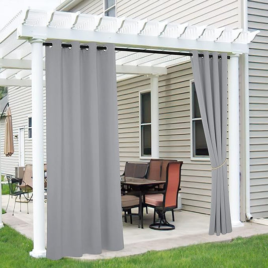 RYB HOME 2 Panels Waterproof Outdoor Curtains, Blackout Privacy Curtains Drapery Wind Blocker for Patio, Front Porch, Backyard, Cabana, Verandas, Lanai, Pergola, W 52 x L 96 inch, Silver Grey