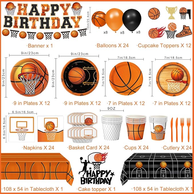 202 PCS Basketball Birthday Party Decorations - Plates, Napkins, Cups, Basket Card, Banner, Balloons, Cake & Cupcake Toppers, Tablecloths, Cutlery for Basketball Party Decorations, Serves 24