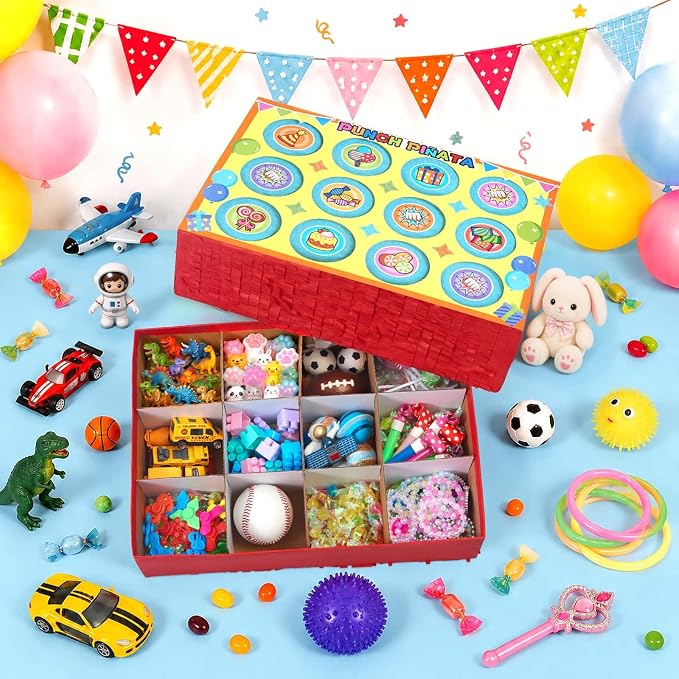 WERNNSAI Birthday Punch Piñata - Punch Box Piñata with 4 Sets of DIY Stickers & 4 Replacement Punch Papers, Hanging Surprise Game Supplies for Birthday Party, Family Gatherings, School Carnival Decor