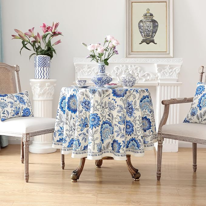ISAENNE Designer French Linen Round Tablecloth,Diameter 55"-Blanch | Chinoiserie Vintage Elegant Table Cloth,Blue Floral Pattern,Beautiful,Dining Room,Kitchen,Tea Party,Thanksgiving,Decor