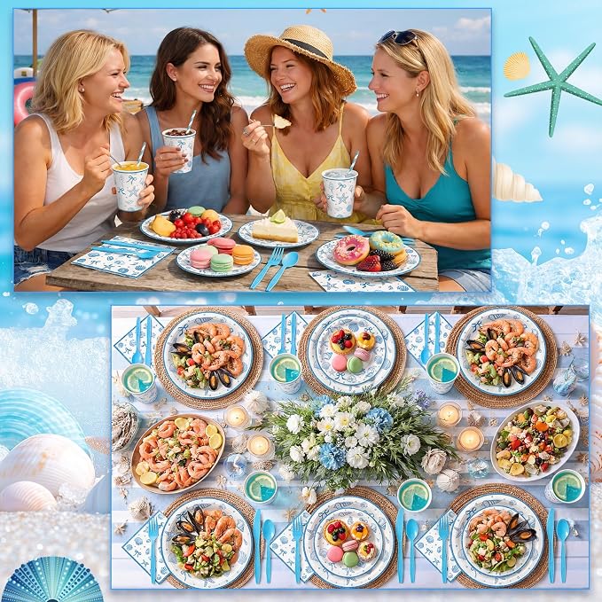 Honeydak 210 Pcs Seashell Beach Party Supplies, Serve 30 Coastal Theme Disposable Paper Plates Blue Ocean Starfish Party Decorations Napkins Forks Cups for Bachelorette Summer Birthday Baby Shower