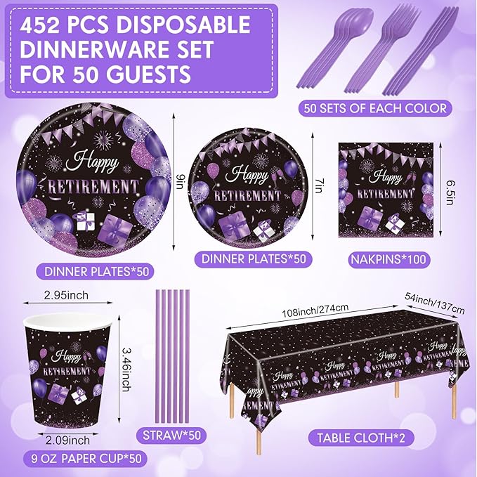 Funnymoom 452 Pcs Retirement Party Decorations Supplies Set Include Purple and Black Retirement Paper Plates Napkins Cups Tablecloth Cutlery Straws for Men Women Say Goodbye Party