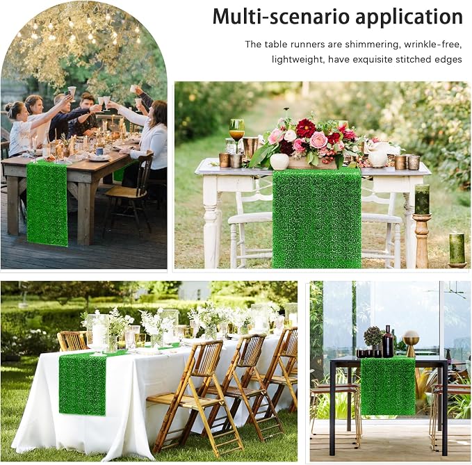10 Packs 12 x 72 inches Sequin Table Runner, Grass Green Glitter Table Runner for Birthday Party Supplies Wedding Engagement Baby Shower Holiday Celebration Event Decorations