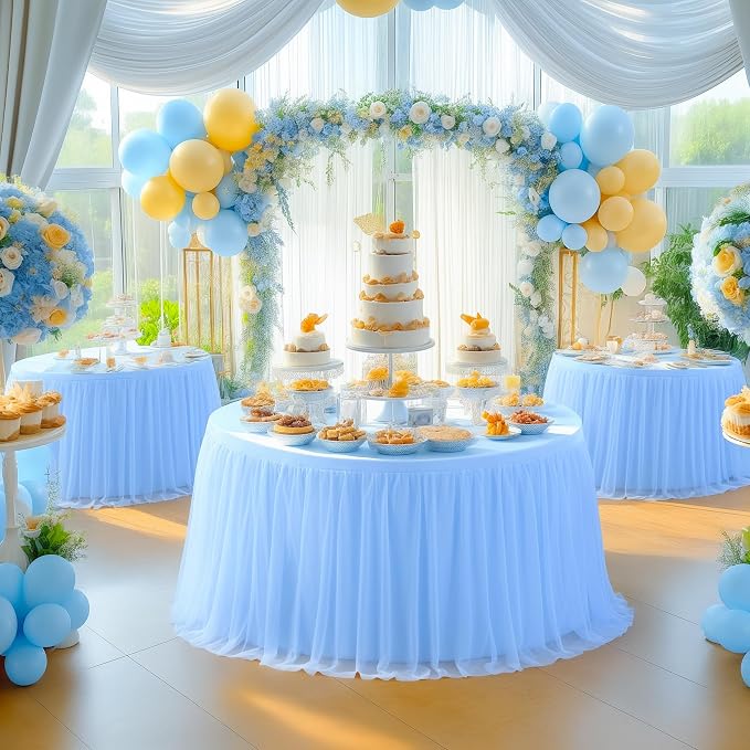 HB HBB MAGIC Baby Blue Tablecloth for Round Table 72 inch Stretchy Elastic Fitted Round Table Cloth Cover 120 inch, Tulle Table Cloth with Skirt Baby Shower Birthday Party Cake Tables Decorations