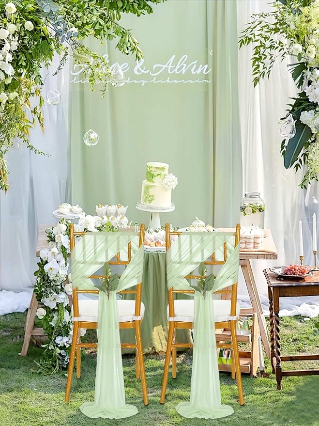 QueenDream Sheer Fabric Wedding Chair Sashes: 36PCS Tulle Church Chair Cover Long Chairs Bows Aisle Drapes Party Decorations Sage Green