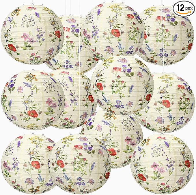 Honoson 12 Pcs Wildflower Paper Lanterns Spring Floral Wildflower Party Decorations Hanging 10 Inch Chinese Lanterns for Wedding Bridal Shower Baby Shower Tea Party Decorations