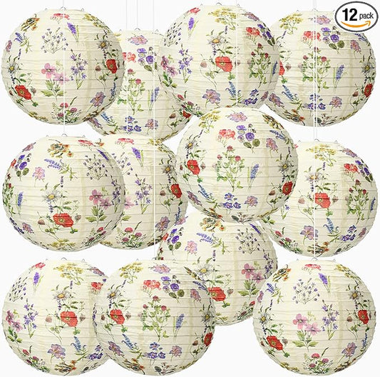 Honoson 12 Pcs Wildflower Paper Lanterns Spring Floral Wildflower Party Decorations Hanging 10 Inch Chinese Lanterns for Wedding Bridal Shower Baby Shower Tea Party Decorations