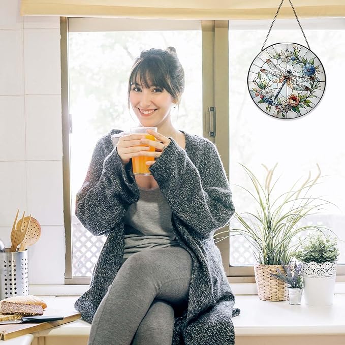 Dragonfly Suncatcher for Window, 7.8” Stained Glass Sun Catcher Hanging Decor, Dragonfly Gifts for Women, Colorful Indoor Window Hanging Ornament for Home Garden Housewarming