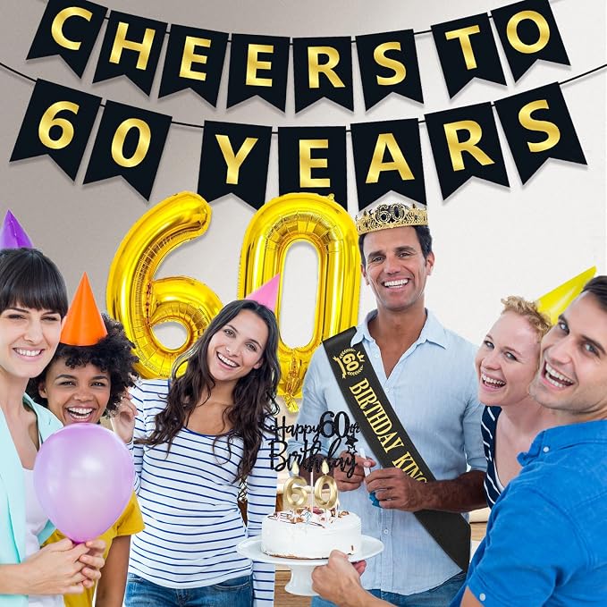 60th Birthday Gifts for Men, 60th Birthday Decorations for Men, Party Decor Supplies including King Crown & Sash & Banner & Balloons & Cake Topper & Candles