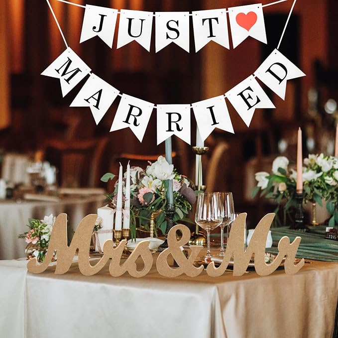 Mr & Mrs Wooden Letters, Just Married Banner, Head Table Wedding Decor - Anniversary, Valentine's Day, Vintage (Wood Color With Banner)